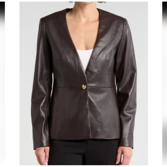 ELIE TAHARI Faux Leather Single Button Jacket Chocolate Brown Size 8 NWT - Picture 1 of 14